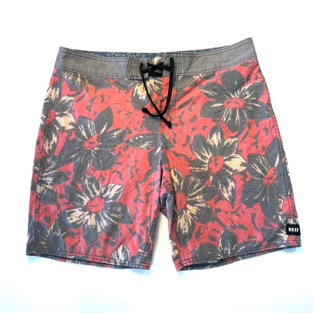 Reef Red, Gray, Cream, and White Board Shorts Vibrant Swimwear